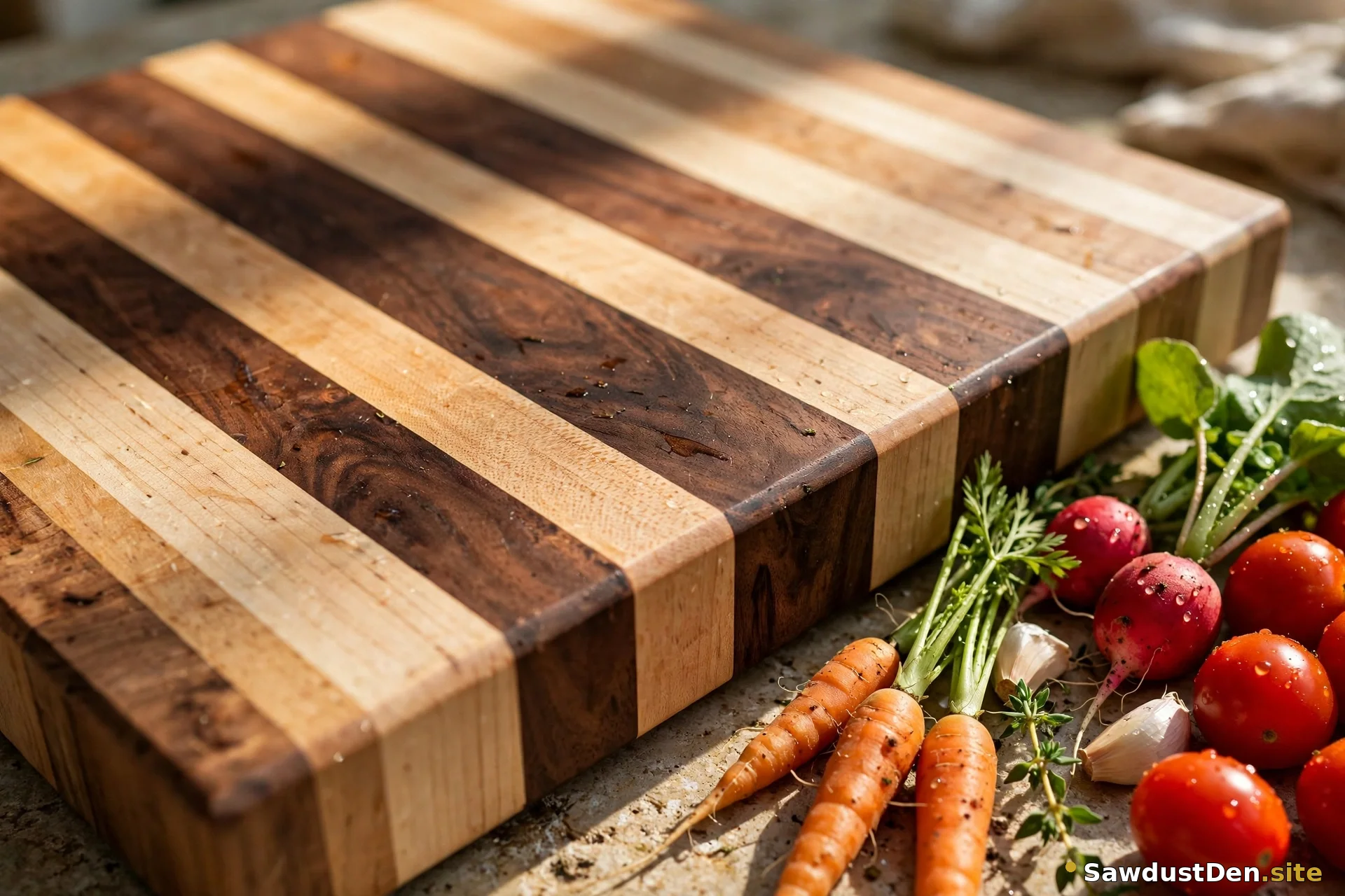 Striped hardwood cutting board with fresh vegetables