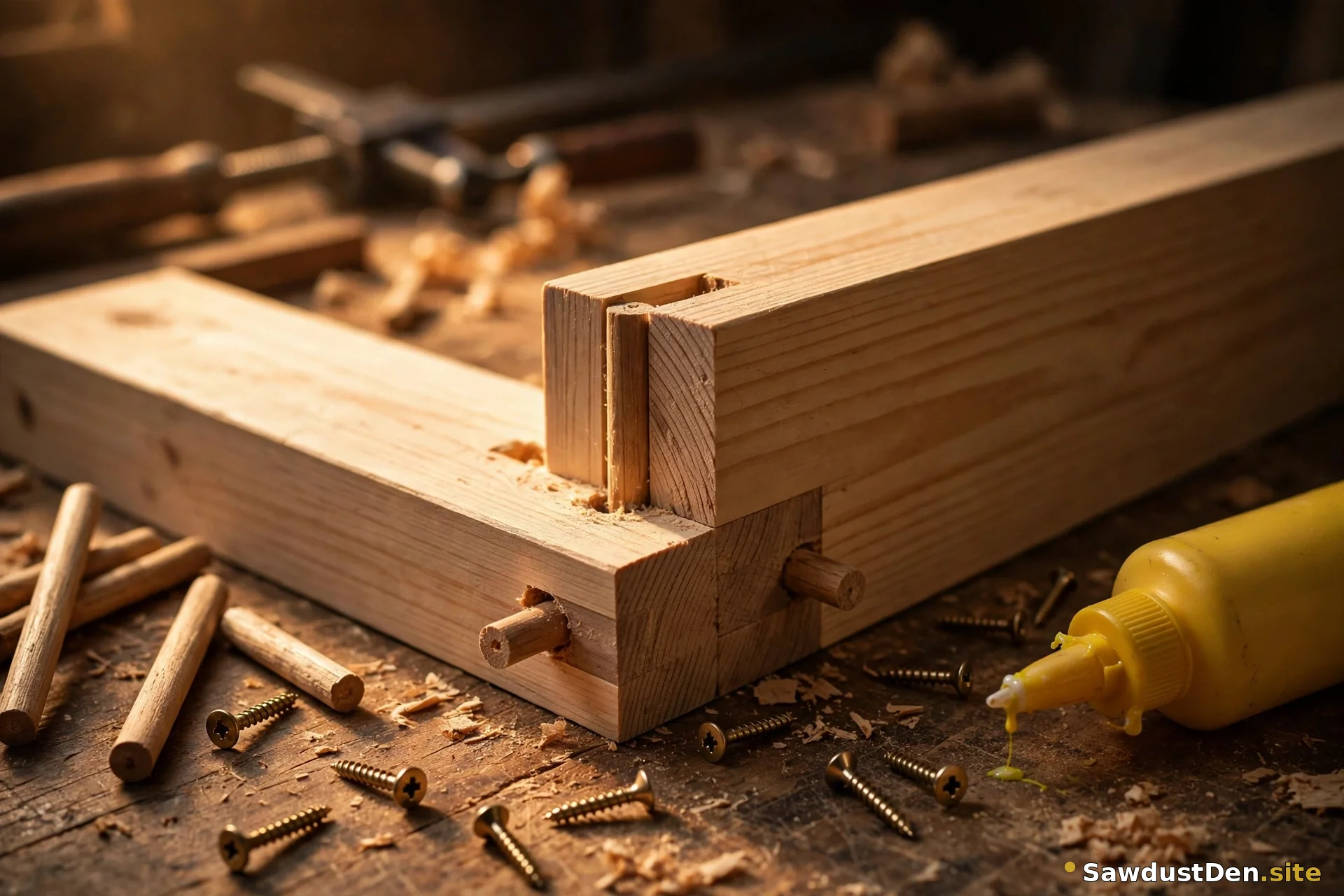 Wooden boards joined with dowels, screws, and glue on a workbench