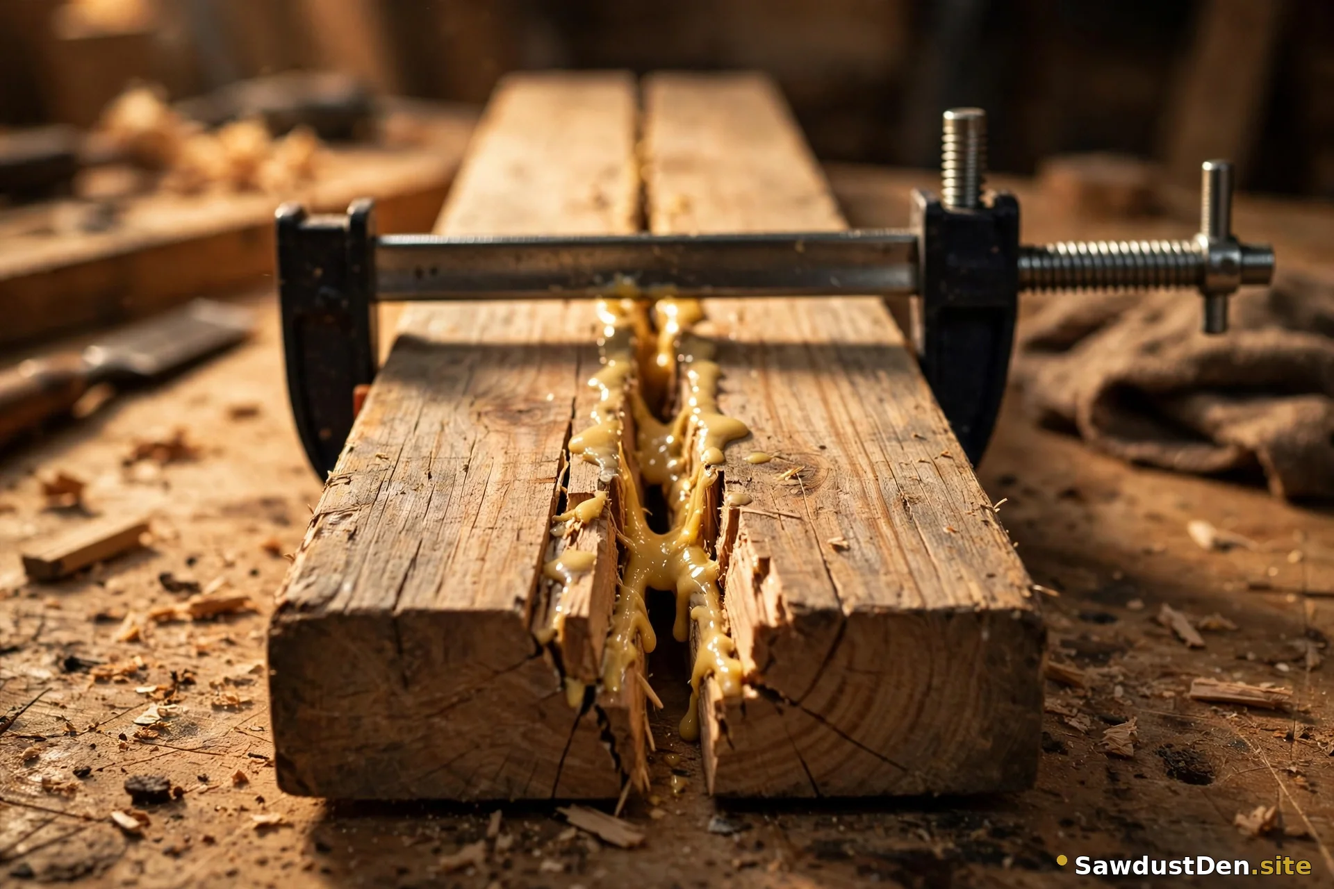 Split wooden board being glued and clamped for repair
