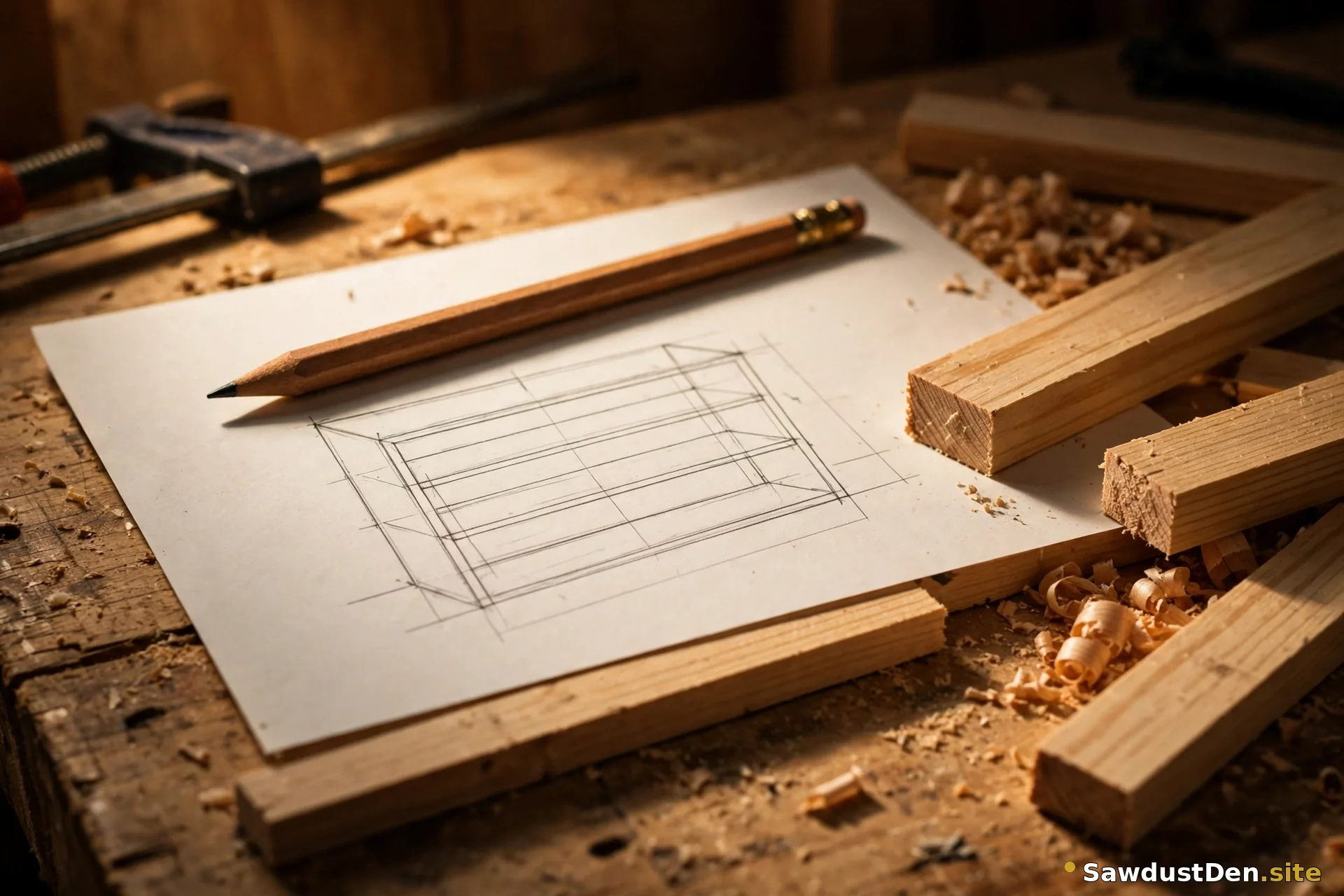 Woodworking project plan sketch with pencil and cut boards