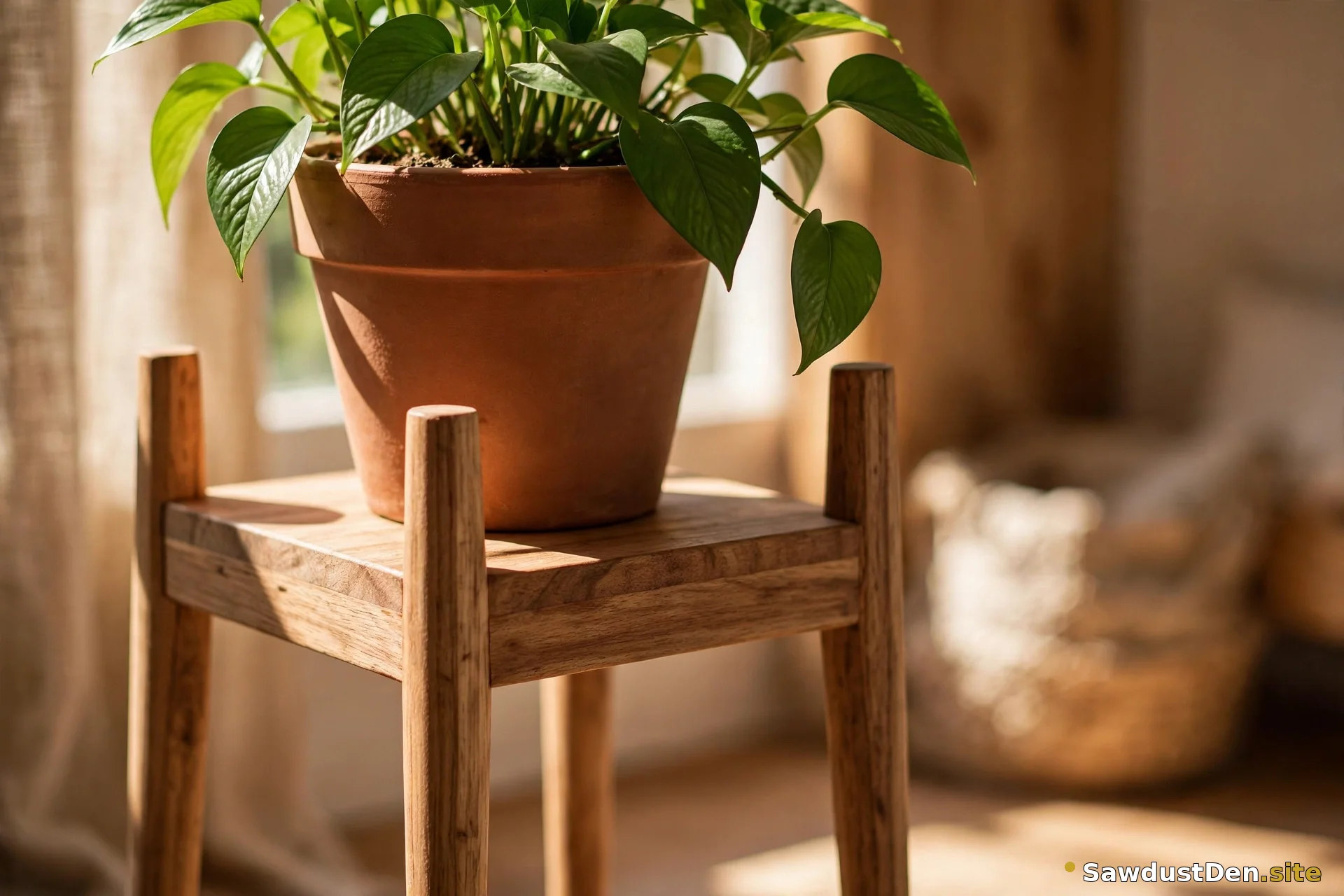 Wooden plant stand with a potted plant
