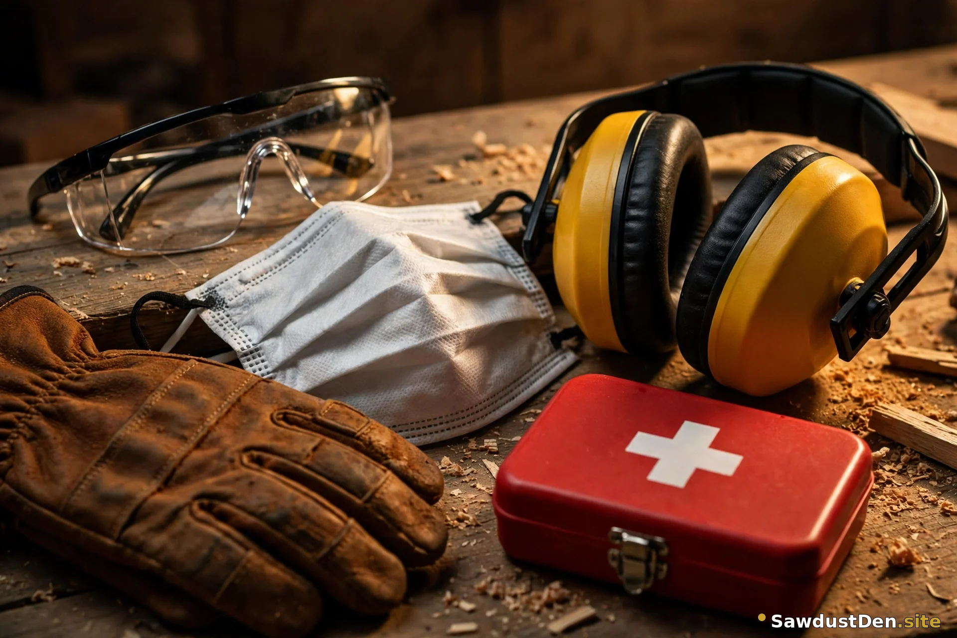 Woodworking safety gear on a workbench