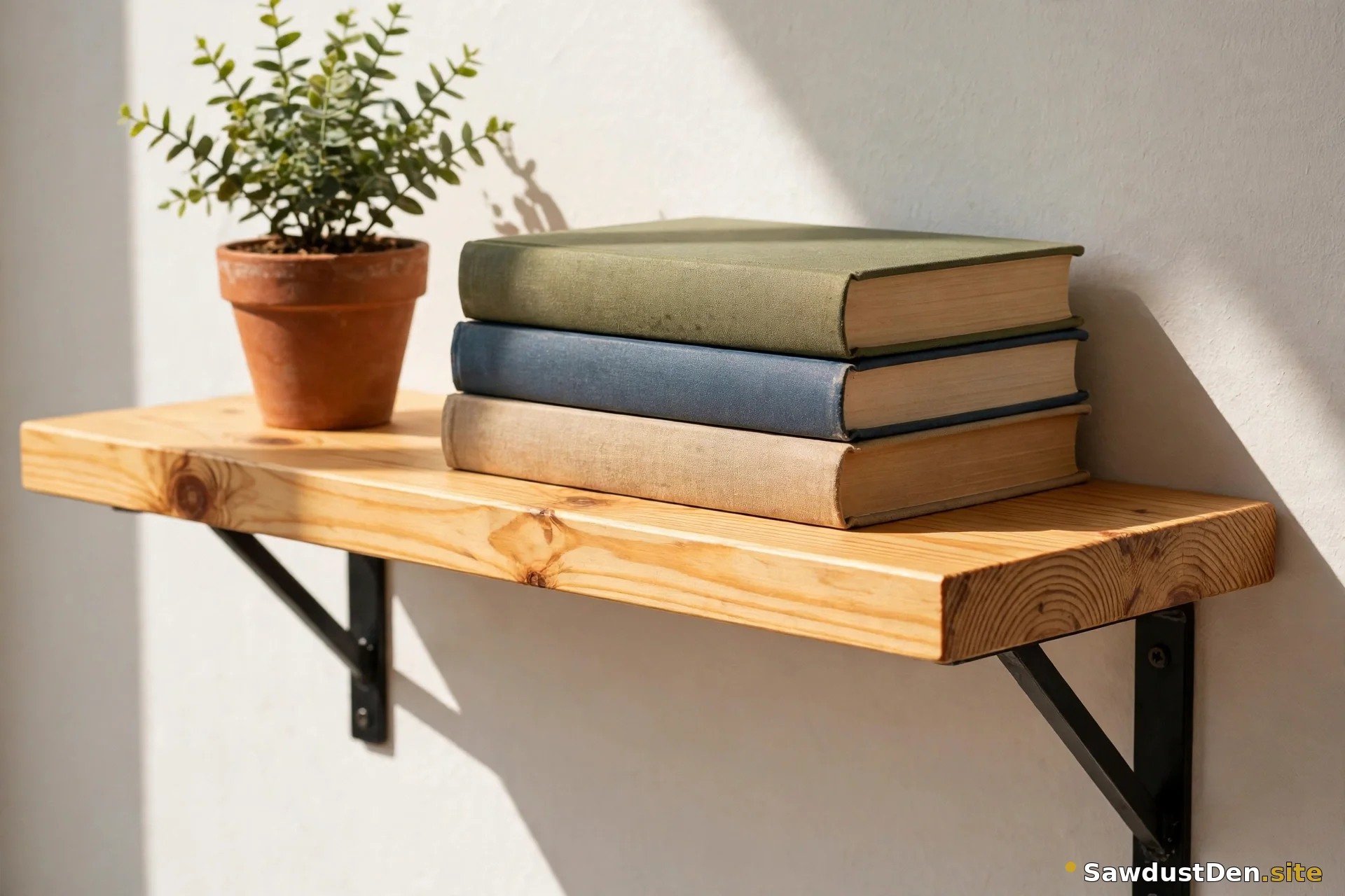 Wooden wall shelf with books and a plant