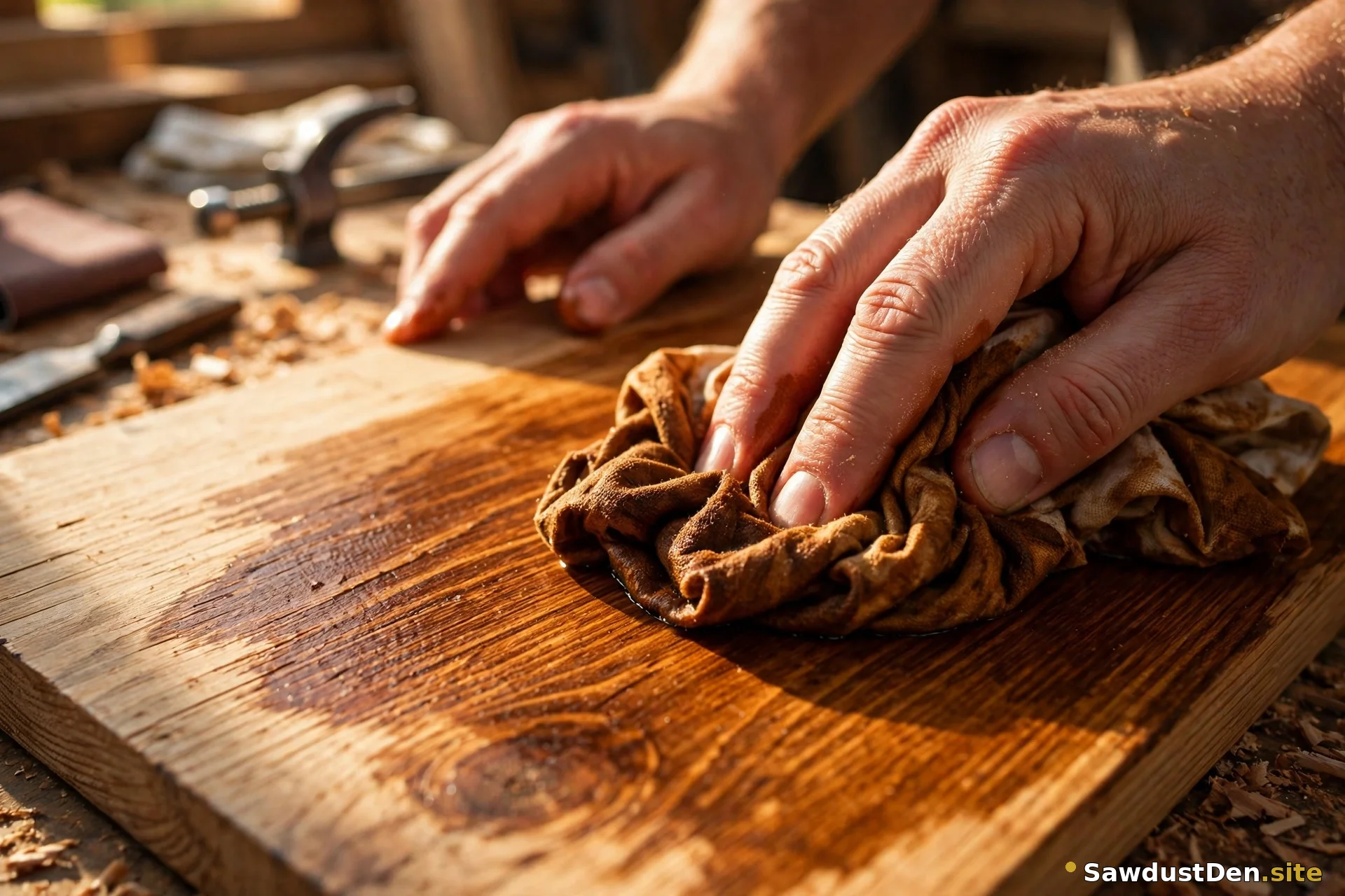 Hands staining a wooden board with a cloth