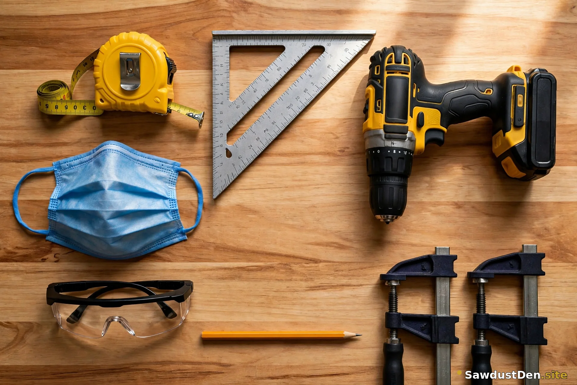 Beginner woodworking tools laid out on a workbench