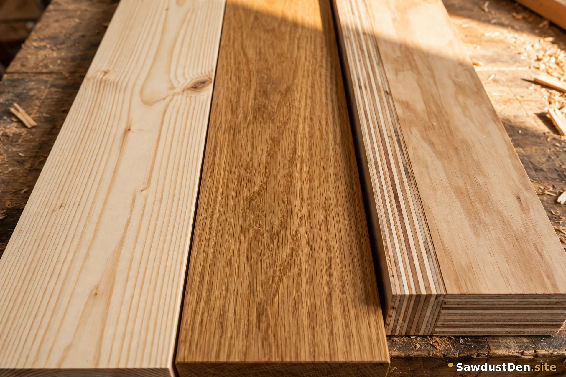 Pine, oak, and plywood boards side by side on a workbench